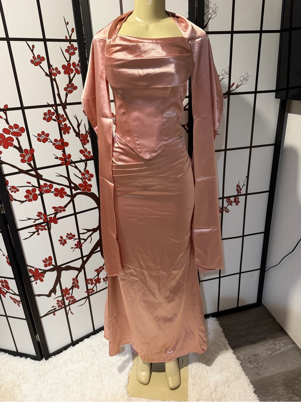 Satin Pink Maxi Dress with Matching Shawl